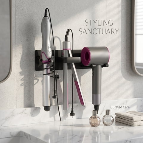 Hair Dryer Holder, 3-in-1 Wall Mounted Hair Tool Organizer for Blow Dryer, Curling Iron & Flat Iron, Anti-Rust Bathroom Storage Rack