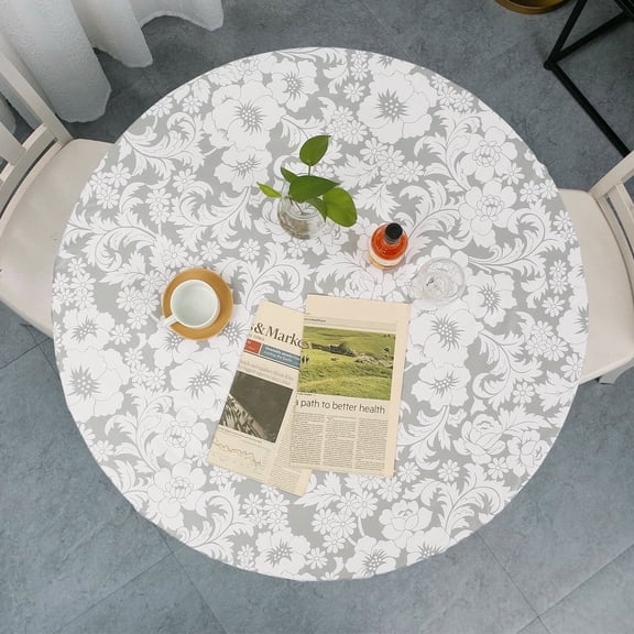 Tcwhniev Indoor Outdoor Fitted Vinyl Round Tablecloth with Flannel Backing,Elastic Edged, Waterproof Wipeable Table Cover, PVC Round Tablecloth for 36"-44" Tables