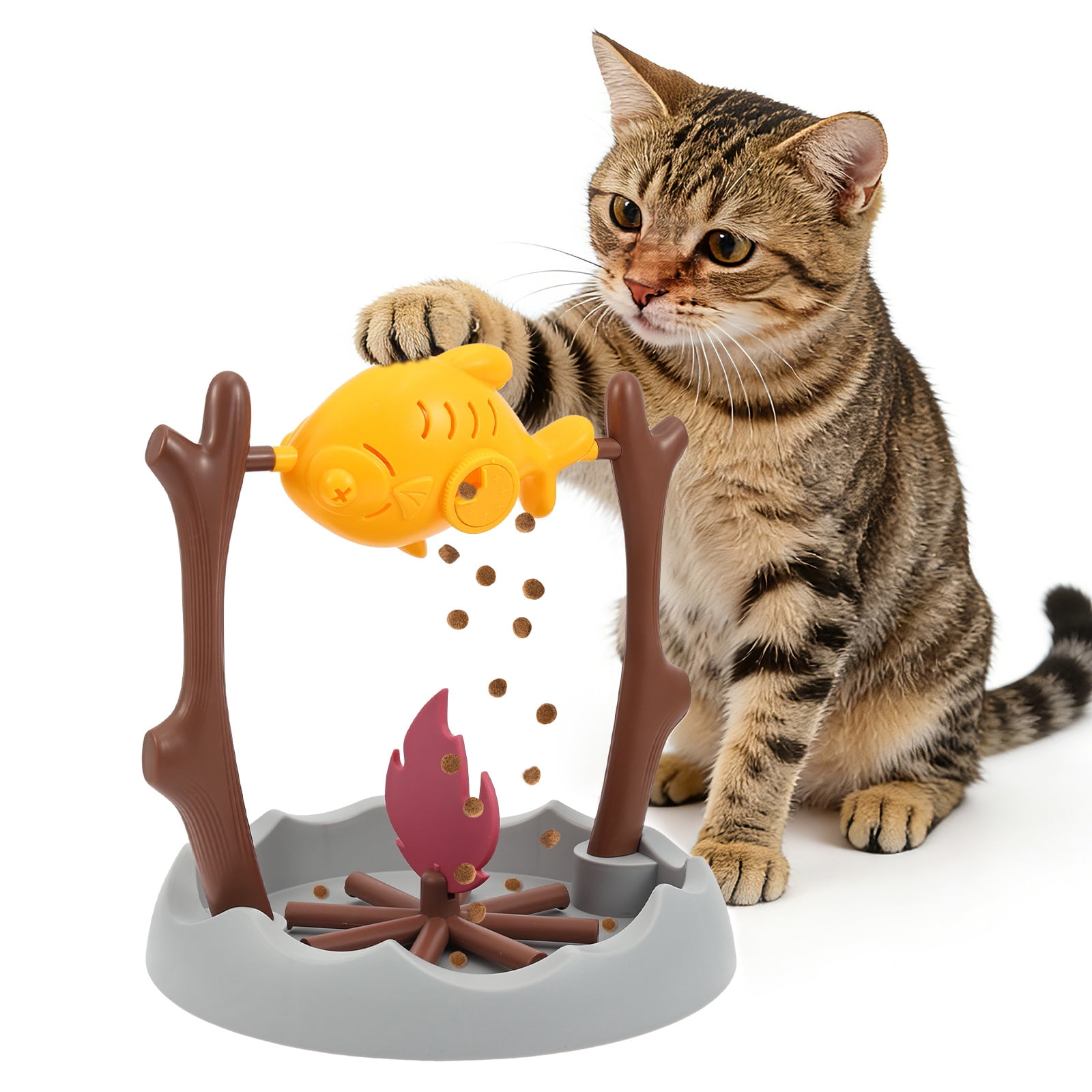 Austok Interactive Cat Treat Dispensing Toy Slow Feeder Bowl Unique Rotatable Fish and Flame Cognitive Training Game Enrichment Interactive Stimulation Toy Cat BBQ Fish Toy for Kitty