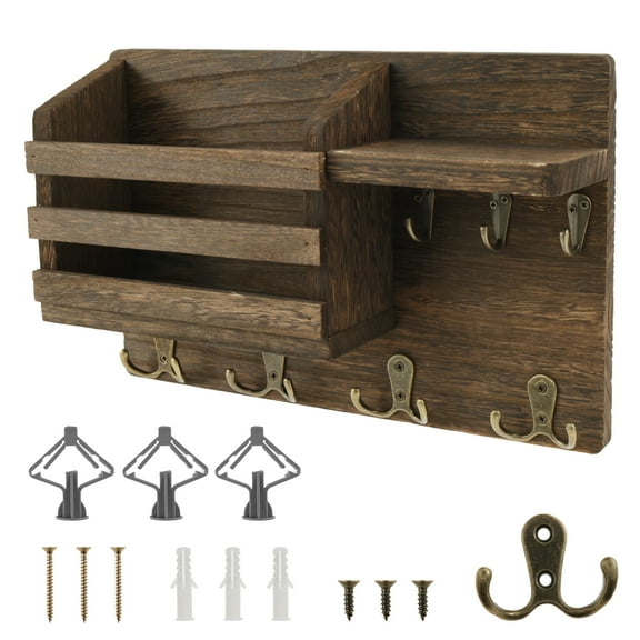Austok Key Holder with Hooks and Shelf Wood Wall Mail Organizer Wall Mounted Key Rack Decorative Key Hanger Multipurpose Key and Mail Holder for Entryway Mudroom Hallway