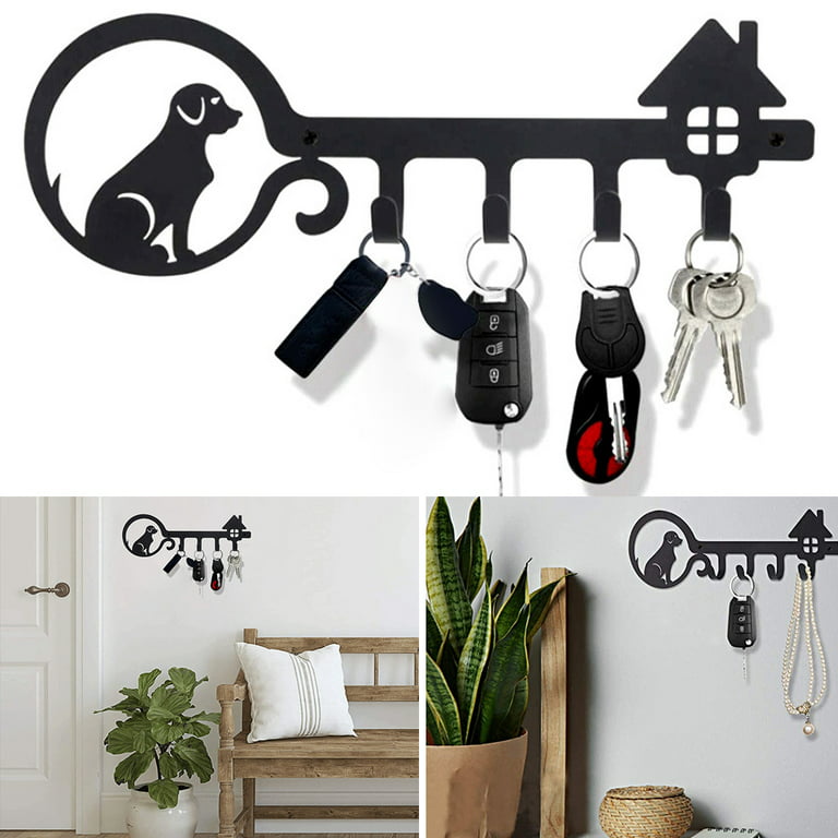 Austok Key Holder, Wall Mounted Key Rack with 4 Hooks Decorative Metal Cat Dog Key Hanger for Entryway Front Door Kitchen Hallway Office Decorative