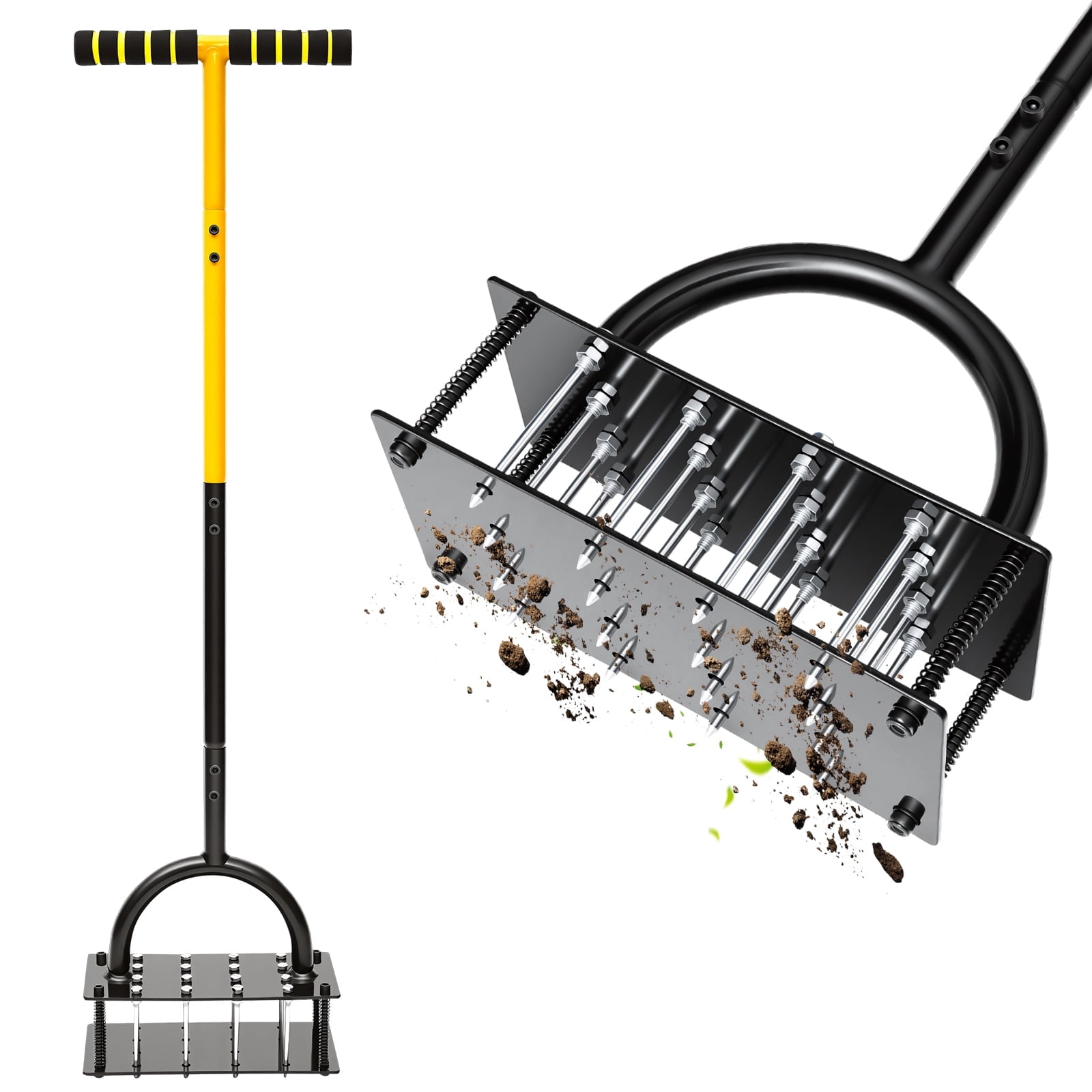 Austok Lawn Aerator Spikes Aerating Tool Metal Manual Auto Soil and Leaf Clean Design Pre Assembled 16 Spikes for Yards Lawn Gardening