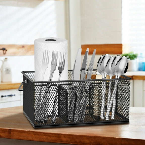 Austok Metal Mesh Utensil Basket with 4 Compartments and Handle Countertop Utensil Holder Portable Utensil Organizer Multifunctional Coffee Condiment Organizer for Camping