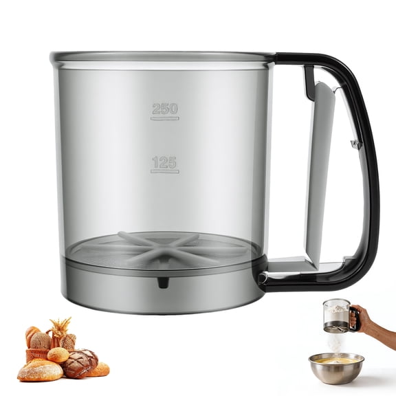 Austok Plastic Flour Sifter Hand Press Baking Powder Sifter Fine Mesh Flour Sieve Easy to Use Sifting Cup with Scale High Efficient Baking Tool Versatile for Rapid Screening of Apricot Sugar Powder