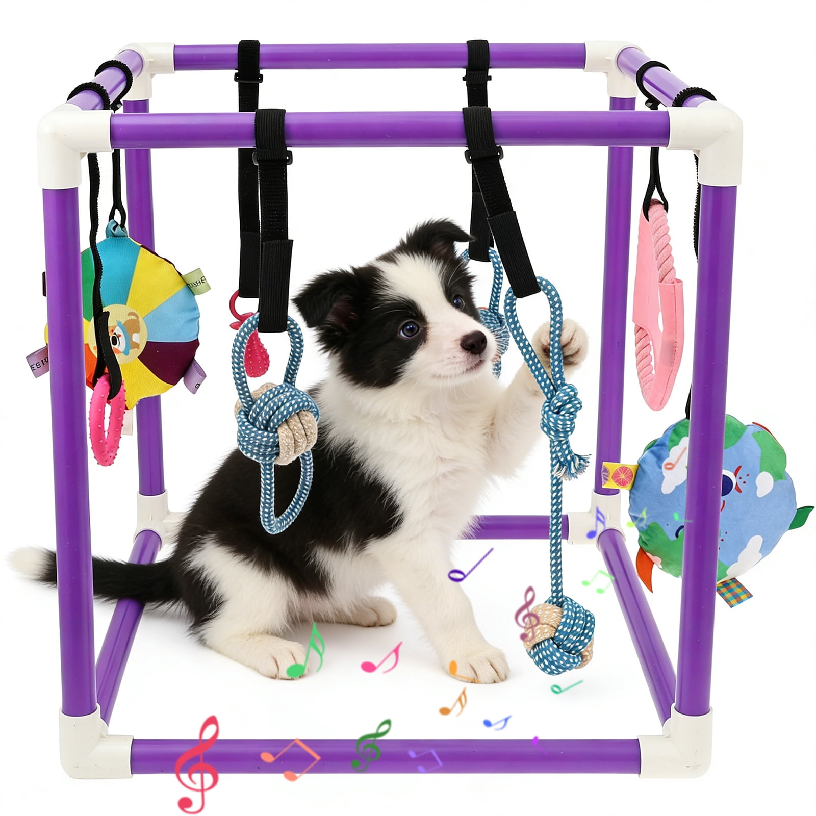 Austok Puppy Play Gym with 8 Hanging Toy Removable Dog Enrichment Playground Interactive Indoor Training Activity Center for Small Dog and Puppy PVC Frame