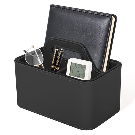 Austok Remote Caddy Organizer with Handle Leather Remote Control Holder Desk Caddy Portable Makeup Organizer for Table Nightstand Office