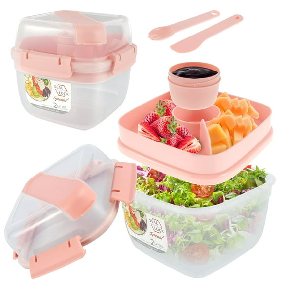 Austok Salad Container Leakproof Salad Bento Box with 3 Compartments Tray Reusable Salad Lunch Box with Salad Dressing Cup Bento Salad Bowl Microwave Safe for School Work Picnic Trips