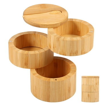Austok Salt Cellar with Magnetic Lid and Spoon 3 Tier Bamboo Salt Box Large Capacity Salt Container Multipurpose Spice Cellar for Sea Salt Coffee Seasoning Storage