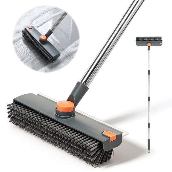 Austok Scrub Brush with Long Handle Floor Scrub Brush Squeegee Broom for Cleaning 3 in 1 Shower Scrubber Floor Broom Squeegee for Concrete Tile Wall Deck Patio Grey