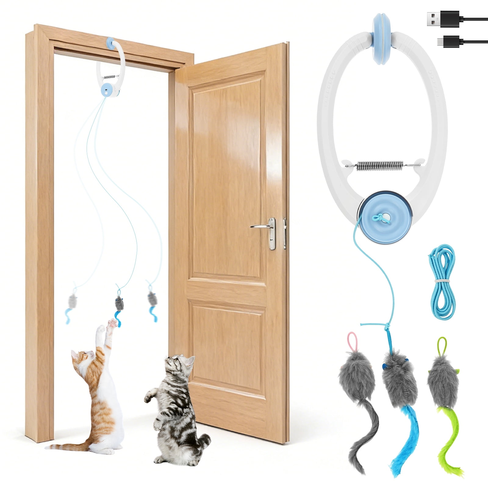 Austok Self Play Hanging Door Cat Toy Interactive Door Hanging Retractable Kitten Toy with 3 Catnip Mice 3 Mode Rechargeable for Cat Exercise