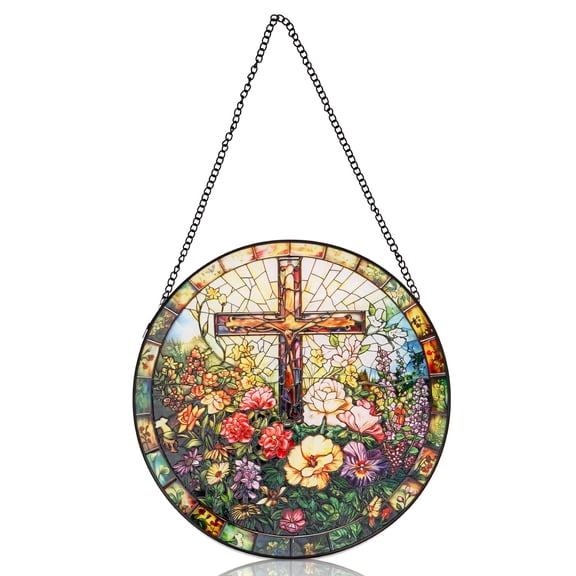 Austok Stained Glass Window Hanging 9.84 Inch Cross Stained Glass Suncatcher for Indoor Window Wall Kitchen Home Room Decor Ornament Present for Women Mom Grandma Birthday Mother's Day