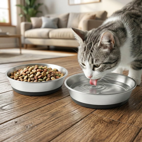 Austok Stainless Steel Cat Bowl 2/4Pcs Cat Bowl for Food and Water 15cm Wide Whisker Fatigue Feeding Plate Non Slip Dish Plate for Kitten (2/4Pcs)