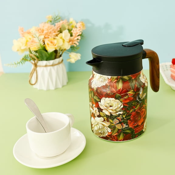 Austok Stainless Steel Insulated Tea Pot 1000 ml/33.82 oz Vintage Flower Pattern Tea Kettle with Wood Handle and Built In Infuser for Home Office