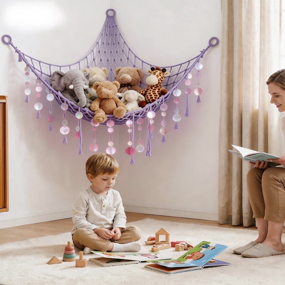 Stuffed Animal Hammock Macrame Boho Plush Toy Net Hammock for Stuffed Animals Corner Hanging Stuffed Animal Storage Holder Teddy Bear Net Kids Room