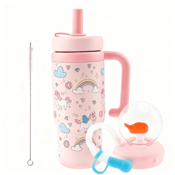 Tcwhniev Kids Water Bottle with Handle and Straw, 24oz Stainless Steel Insulated Tumbler with 2 Lids, Pink Whale