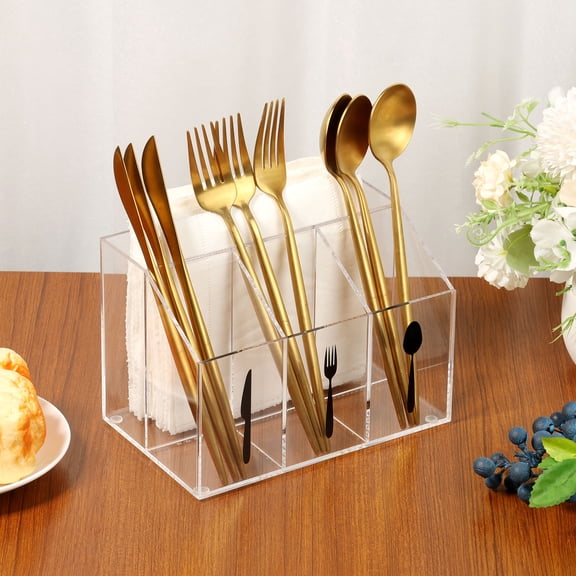 Austok Utensil Caddy High Transparent Acrylic Silverware Caddy with 4 Nonslip Pads for Dining Table Bar Restaurant Cafe Office Pantry