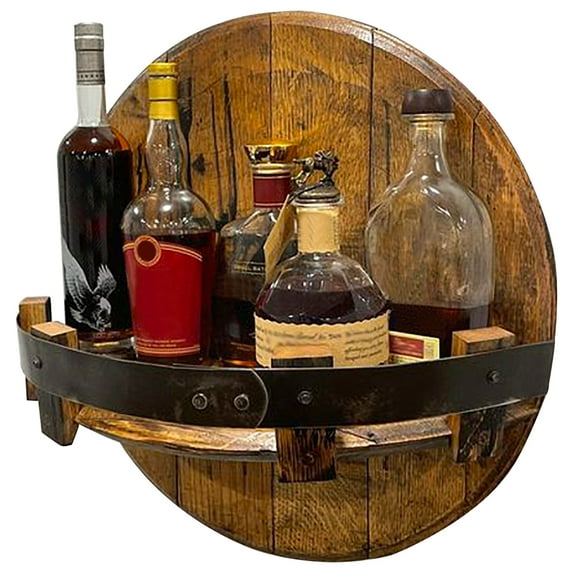 Austok Wall Mount Wine Bottle Holder,Wooden Bourbon Whiskey Barrel Shelf,Hand Crafted Wall Mounted Wine Rack,Round Whiskey Display Stand,Vintage Liquor Bottle Display Rack Home Decor