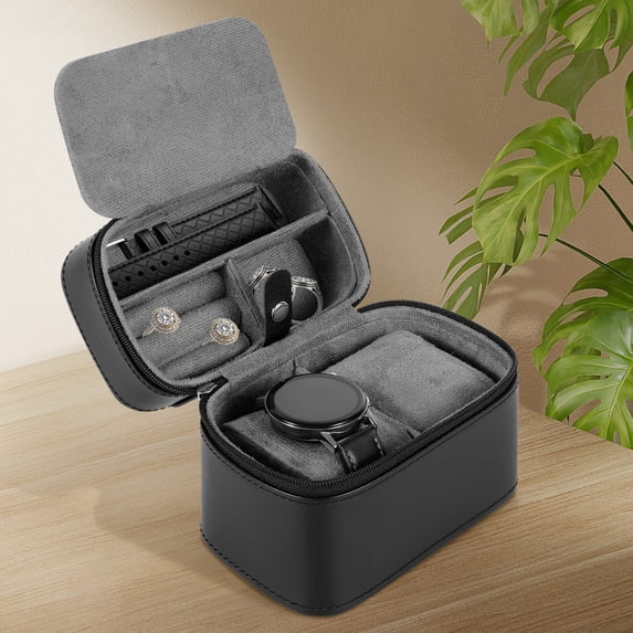 Austok Watch Travel Case 2 Slot Hard Leather Watch Storage Display Box with Soft Velvet Zipper Protection Premium Present for Friend
