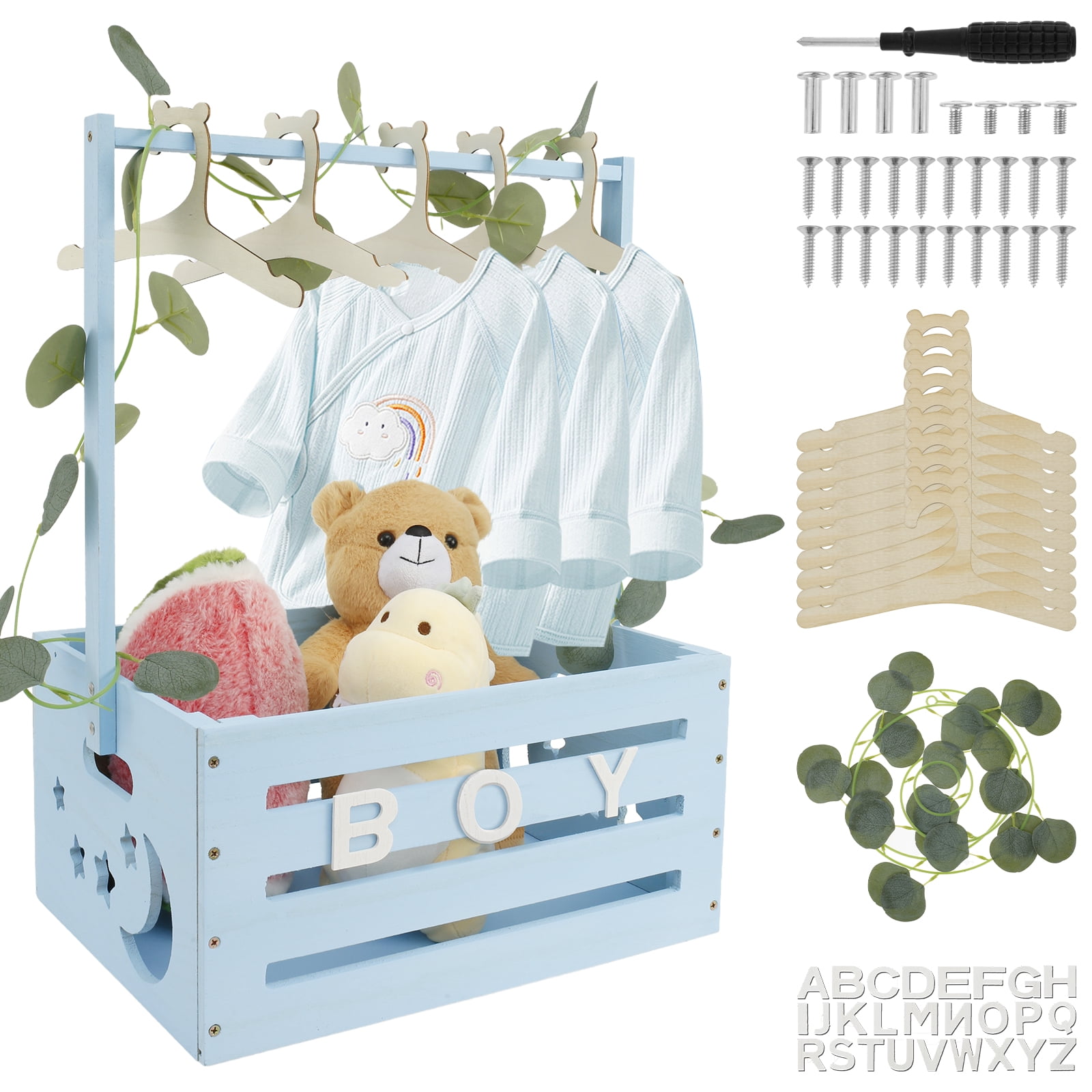 Austok Wood Baby Shower Crate Closet with Handle Large Capacity Baby Shower Basket Portable Newborn Baby Basket Decorative Baby Storage Crate for New Parents