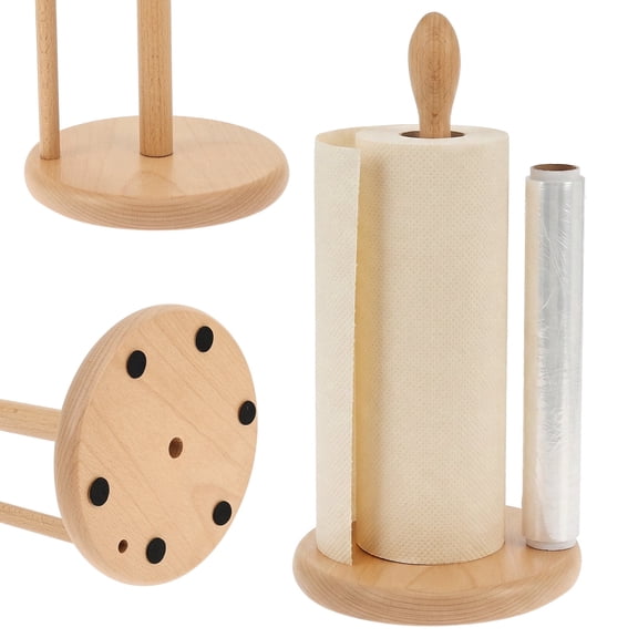Wooden Paper Towel Holder Stand Countertop Solid Wood Standing Towel Roll Organizer Fits Jumbo Rolls, Double Rod Anti-Slip Stand, 12.6 x 6.69 inch