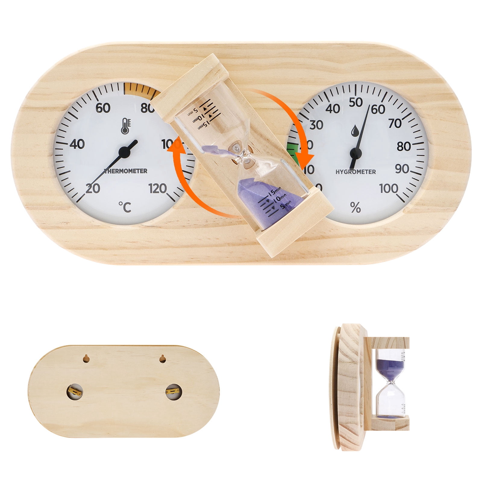 Austok Wooden Sauna Thermometer Hygrometer with 15 Minute Hourglass Timer Wall Mount Sauna Temperature Gauge for Home and Commercial Use