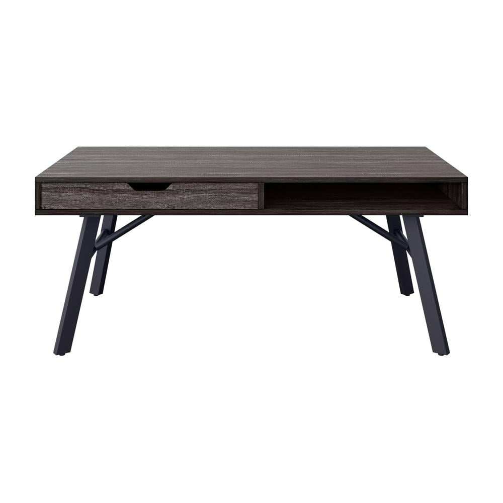 Gray Wood Grain Finish Coffee Table with Black Metal Legs and Storage