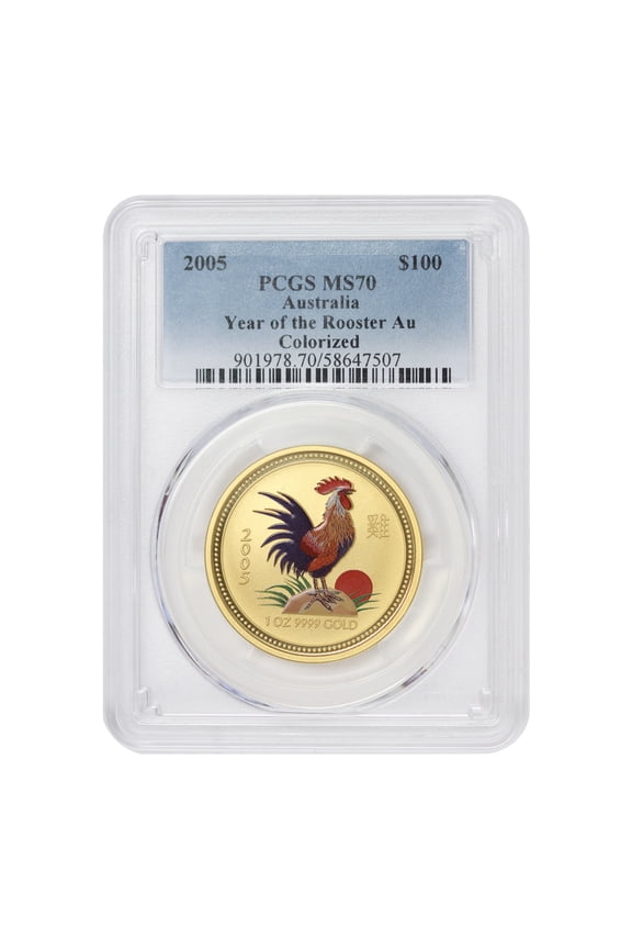 Australia 2005 Gold $100 Year of the Rooster Colorized PCGS MS70 U.S. Mint Coin