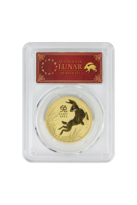 Australia 2023-P $100 Gold Year of the Rabbit PCGS MS70 First Strike Lunar Label Perth Mint Coin