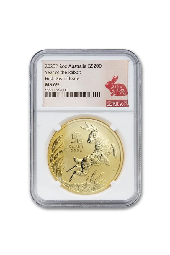 Australia 2023-P 2 oz $200 Gold Year of the Rabbit NGC MS69 First Day of Issue Lunar Label Australian Mint Coin