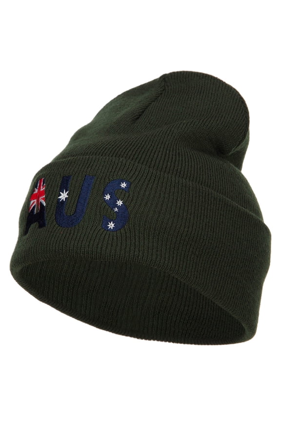 Australia AUS Flag Embroidered Long Beanie - Olive OSFM