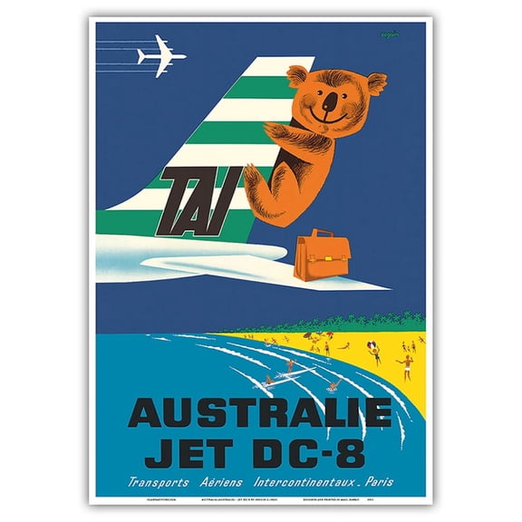 Australia (Australie) - TAI (Transports Aérien Internationaux) - Douglas Jet DC-8 - Koala Bear - Vintage Airline Travel Poster by Seguin c.1960s - Master Art Print 10in x 14in