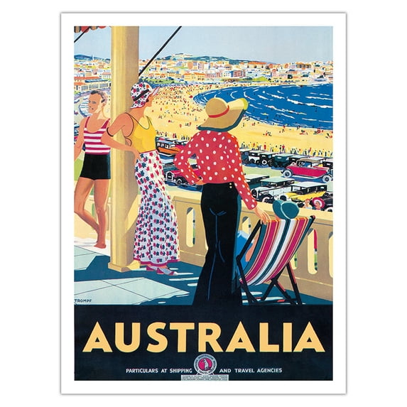 Australia - Bondi Beach New South Wales - Vintage Travel Poster by Percy Trompf c.1929 - Bamboo Fine Art 290gsm Paper Print (Unframed) 24x32in