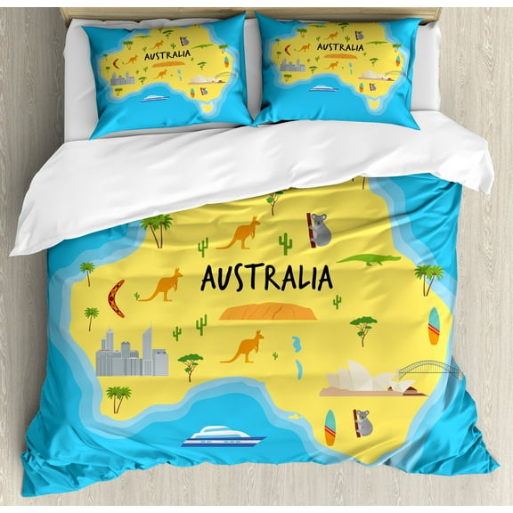 Australia Duvet Cover Set, Mapping with Symbolic Animals Monuments, Decorative 3 Piece Bedding Set with 2 Pillow Shams, Calking Size, Sky Blue Yellow, by Ambesonne