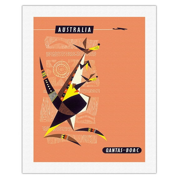 Australia - Kangaroo - Qantas BOAC (British Overseas Airways Corporation) - Vintage Airline Travel Poster by Harry Rogers c.1960s - Fine Art Rolled Canvas Print 20in x 26in
