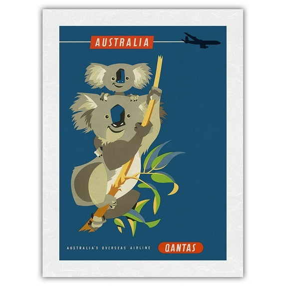 Australia - Koala Bears - Qantas Empire Airways (QEA)- TEAL BOAC AIR INDIA - Vintage Airline Travel Poster by Harry Rogers c.1960s - Japanese Unryu Rice Paper Art Print 24 x 32 in