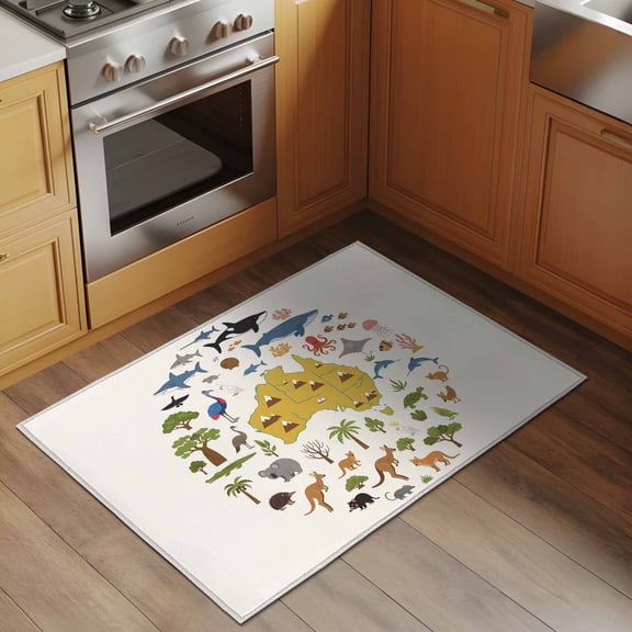 Australia Map Section 2x3 Rug for Entryway Front Door Kitchen Sink Area, Cartoon Marine Life Cute Koala Kangaroo Low Pile Washable Non Slip Rectangle Area Rug