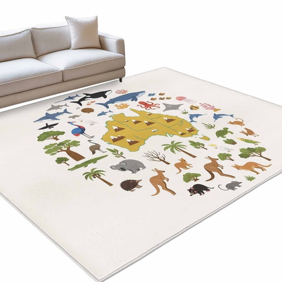 Australia Map Section 6x9ft Non Slip Area Rug Cartoon Marine Life Cute Koala Kangaroo Washable Soft Area Rugs for Living Room, Indoor Circle Carpet for Bedroom Dining Room Kitchen
