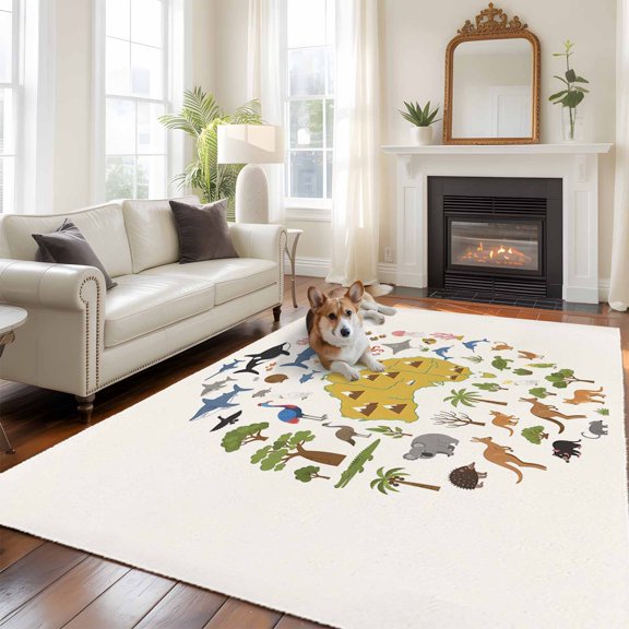 Australia Map Section Area Rugs 5x7 ft Cartoon Marine Life Cute Koala Kangaroo Washable Rug Non Slip Indoor Carpet Absorbent Floor Mat for Living Room Bedroom Dining Room