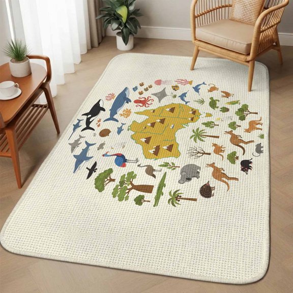 Australia Map Section Area Rugs for Living Room 5x6, Cartoon Marine Life Cute Koala Kangaroo Washable Area Rug with Non Slip Backing, Stain Resist Linen Carpet for Bedroom, Dining Room, Entrance