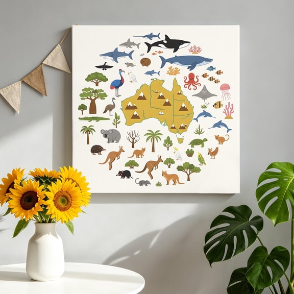 Australia Map Section Canvas Wall Art, Cartoon Marine Life Cute Koala Kangaroo Pictures Wall Decor Wooden Framed Artwork Art Prints for Living Room Hallway Bedroom Office 8"x8"