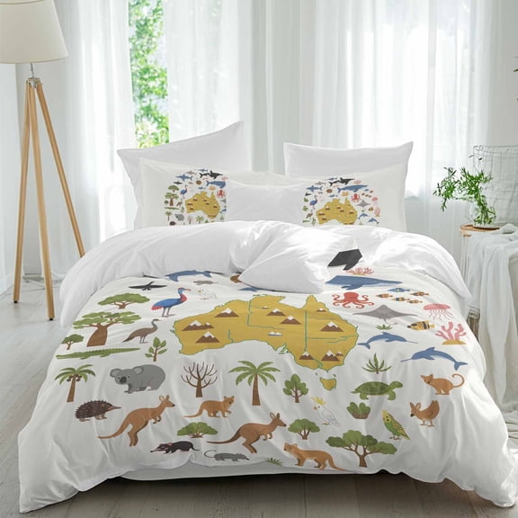 Australia Map Section Comforter Set Full Size, Cartoon Marine Life Cute Koala Kangaroo Soft Bedding Set for Man Woman, 4 Pieces Duvet Cover Set with Fitted Sheet, 2 Pillowcases