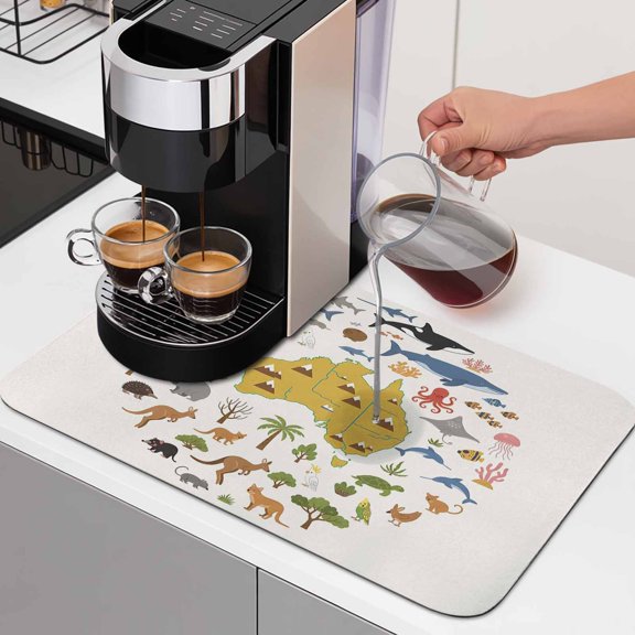 Australia Map Section Dish Drying Mats for Kitchen Counter, Cartoon Marine Life Cute Koala Kangaroo Absorbent Coffee Bar Mat with Non-slip Rubber Backed Quick Drying Dish Rack Pad 12"x16"