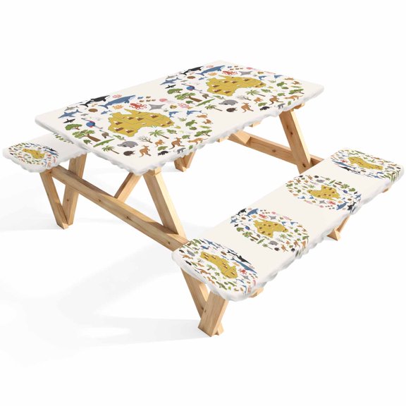 Australia Map Section Picnic Table Cover with Bench Covers Cartoon Marine Life Cute Koala Kangaroo Waterproof Fitted Picnic Tablecloth 3 Pieces Set Table Cloth for Outdoor Camping Garden BBQ
