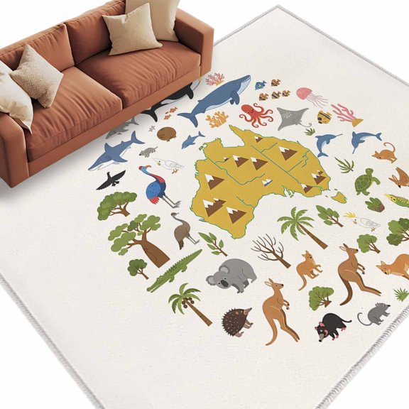 Australia Map Section Rectangle Area Rug 5x7 ft Cartoon Marine Life Cute Koala Kangaroo Washable Rugs for Living Room, Non Slip Soft Carpet for Bedroom Entryway Dining Room