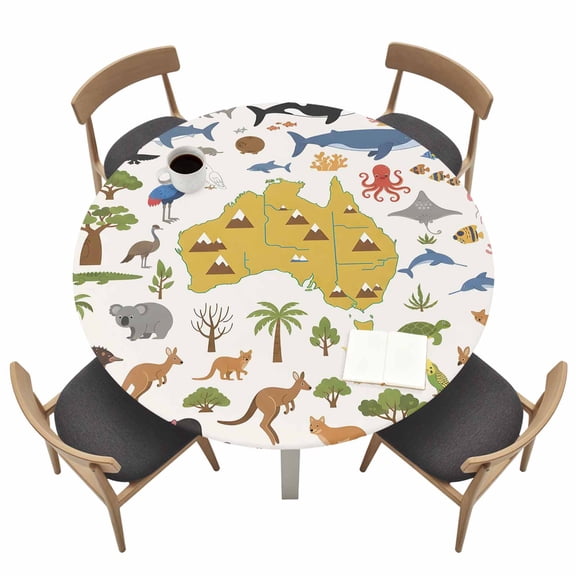 Australia Map Section Round Fitted Tablecloth Cartoon Marine Life Cute Koala Kangaroo Waterproof Elastic Stretch Table Cover for 45"-54" Round Table, Oil Proof Tablecloth for Picnic Party Dinner