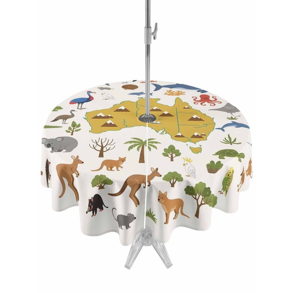 Australia Map Section Round Outdoor Tablecloth with Umbrella Hole Cartoon Marine Life Cute Koala Kangaroo 60 Inch Round Waterproof Table Cover Zippered Table Cloth for Garden Patio