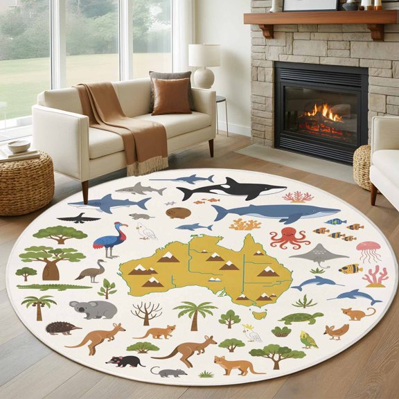 Australia Map Section Round Rugs for Living Room 7ft Cartoon Marine Life Cute Koala Kangaroo Non Slip Circle Rug Washable Low-Profile Indoor Carpet for Bedroom, Dining Room, Bathroom