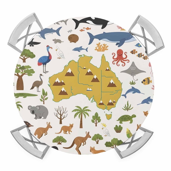 Australia Map Section Round Table Cover, Cartoon Marine Life Cute Koala Kangaroo Waterproof Fitted Tablecloths for 45"-54" Tables, Washable Picnic Table Cover for Camping Dining Indoor Outdoor