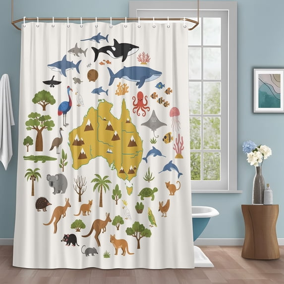 Australia Map Section Shower Curtain with Hooks, Cartoon Marine Life ...
