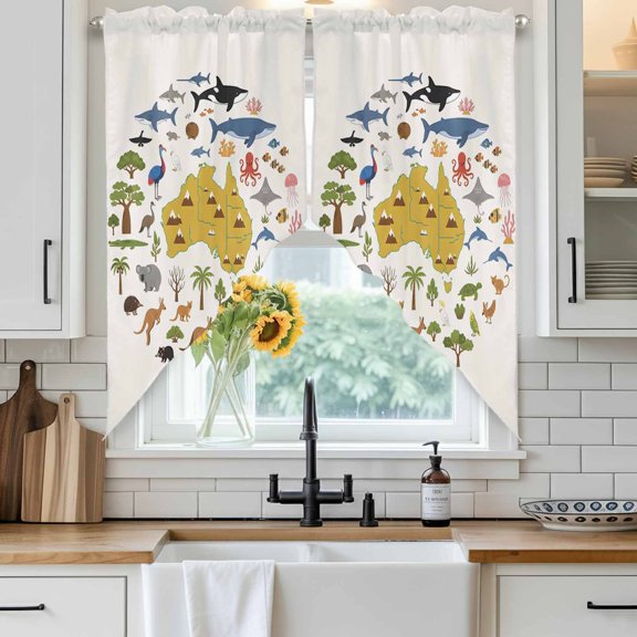 Australia Map Section Swag Curtain Valance for Windows, Cartoon Marine Life Cute Koala Kangaroo Window Treatments Short Swag Topper for Kitchen Windows Bathroom Bedroom, 28"x36"